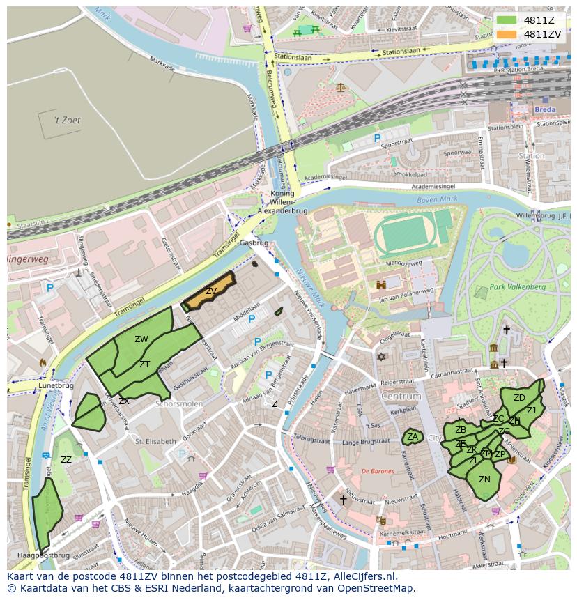 Afbeelding van het postcodegebied 4811 ZV op de kaart.