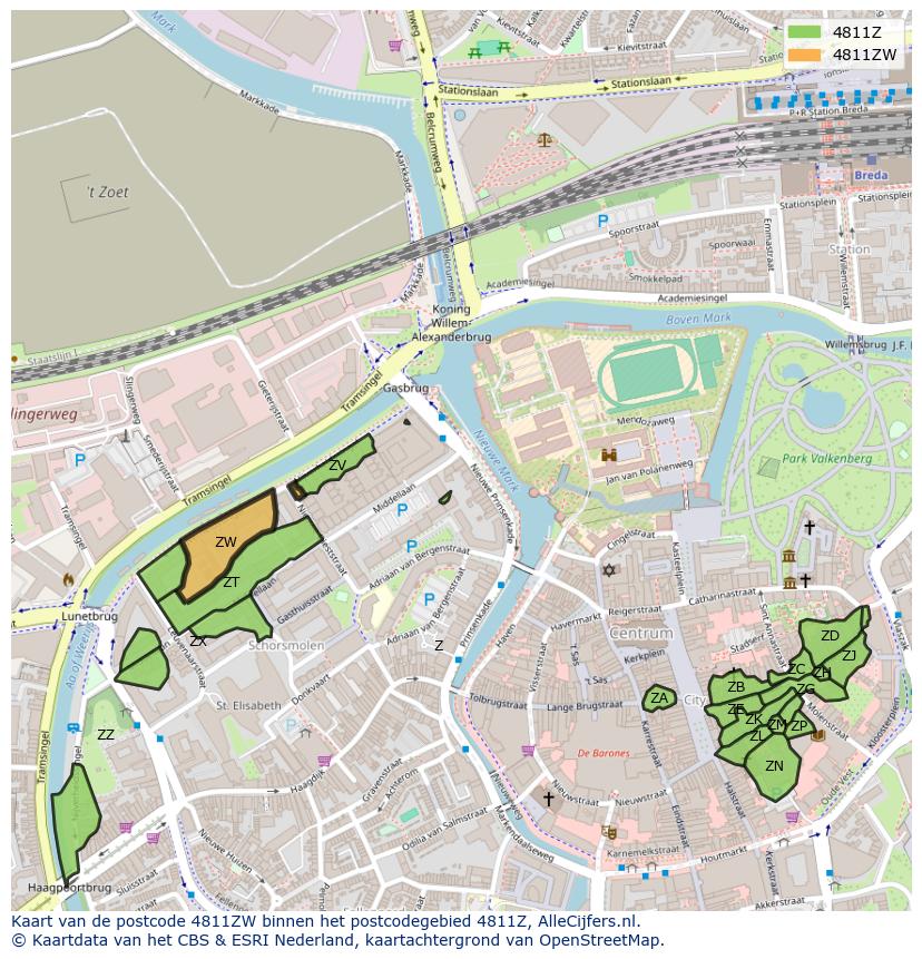 Afbeelding van het postcodegebied 4811 ZW op de kaart.