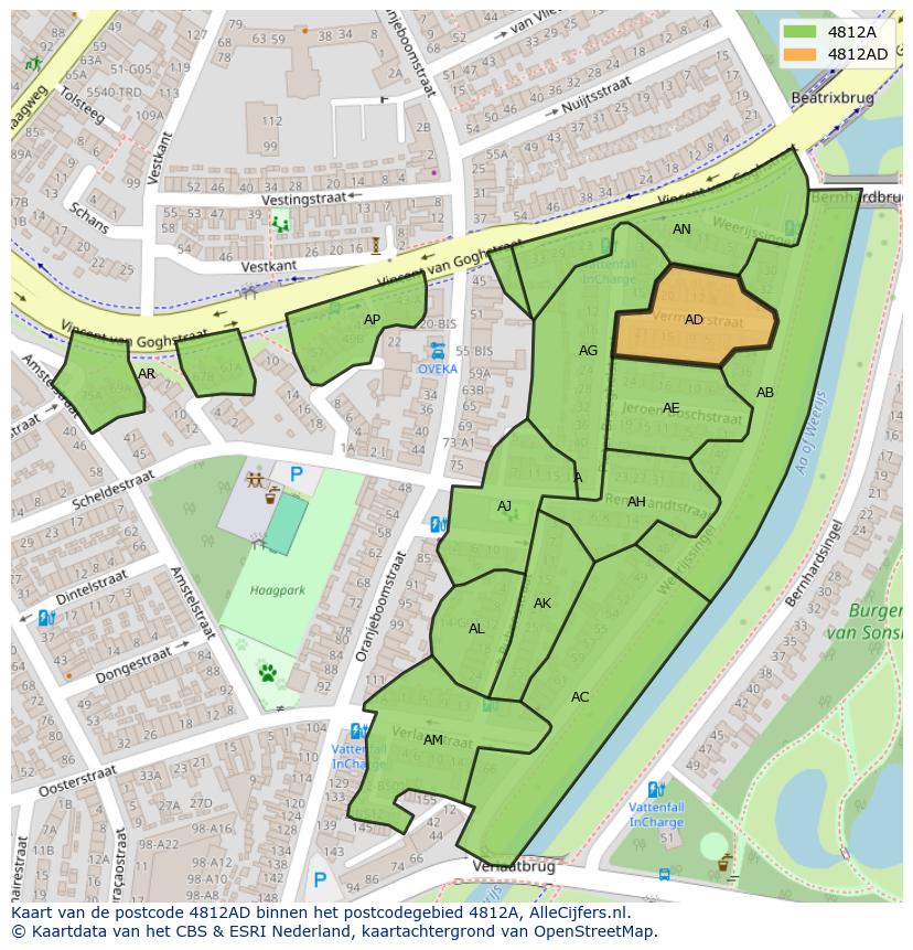 Afbeelding van het postcodegebied 4812 AD op de kaart.