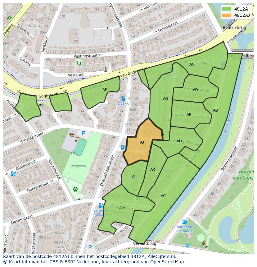 Afbeelding van het postcodegebied 4812 AJ op de kaart.