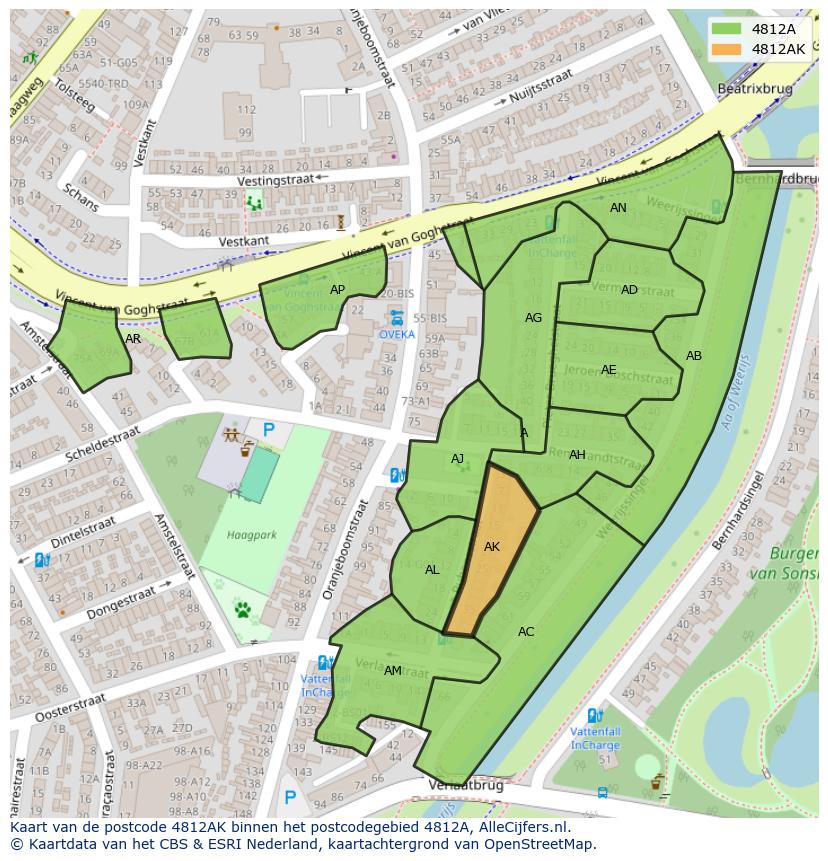 Afbeelding van het postcodegebied 4812 AK op de kaart.