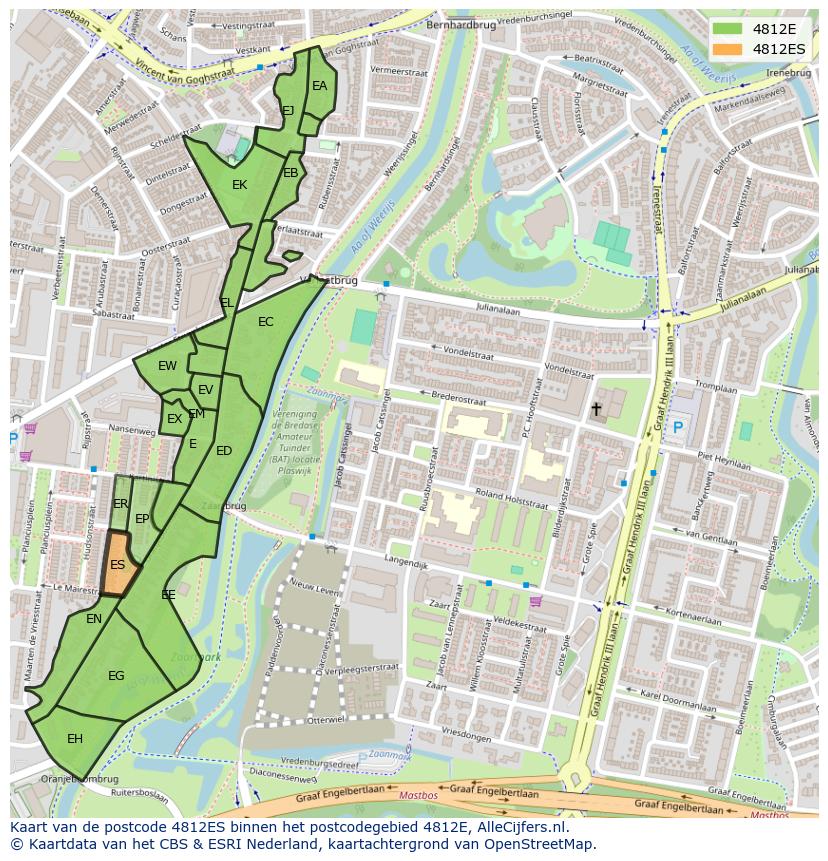 Afbeelding van het postcodegebied 4812 ES op de kaart.