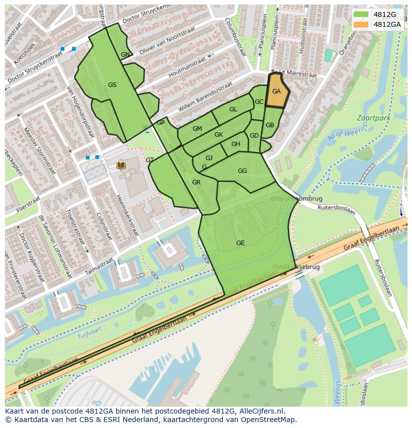 Afbeelding van het postcodegebied 4812 GA op de kaart.