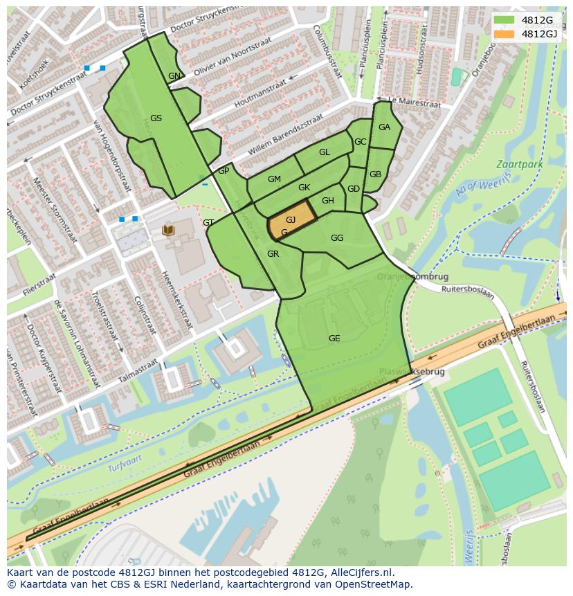Afbeelding van het postcodegebied 4812 GJ op de kaart.