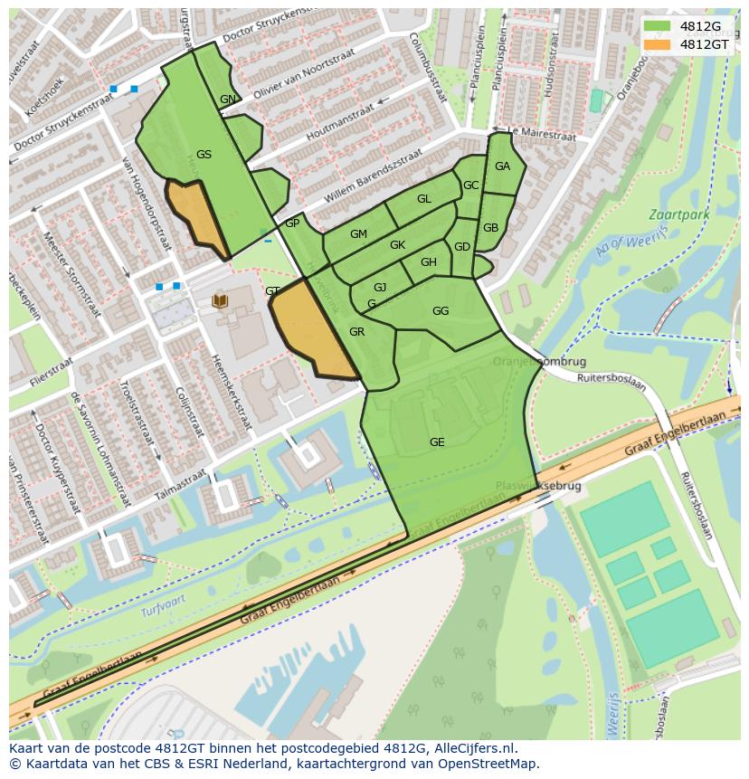 Afbeelding van het postcodegebied 4812 GT op de kaart.