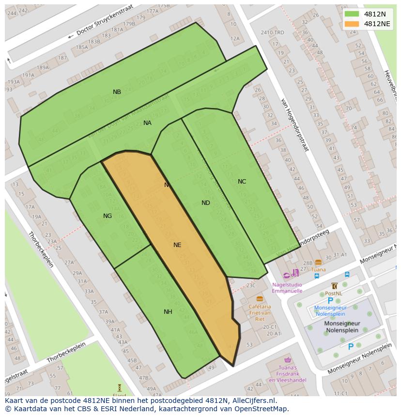 Afbeelding van het postcodegebied 4812 NE op de kaart.