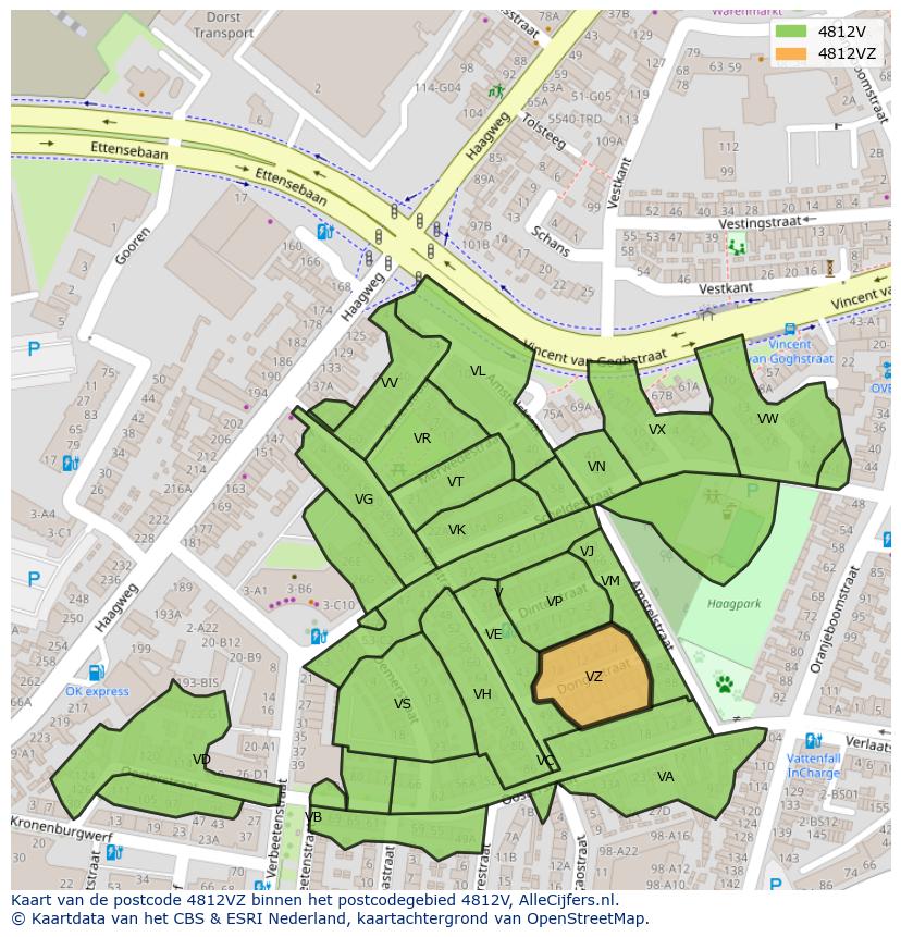Afbeelding van het postcodegebied 4812 VZ op de kaart.