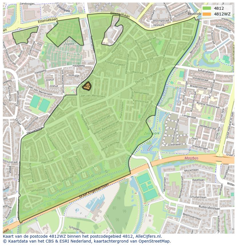 Afbeelding van het postcodegebied 4812 WZ op de kaart.