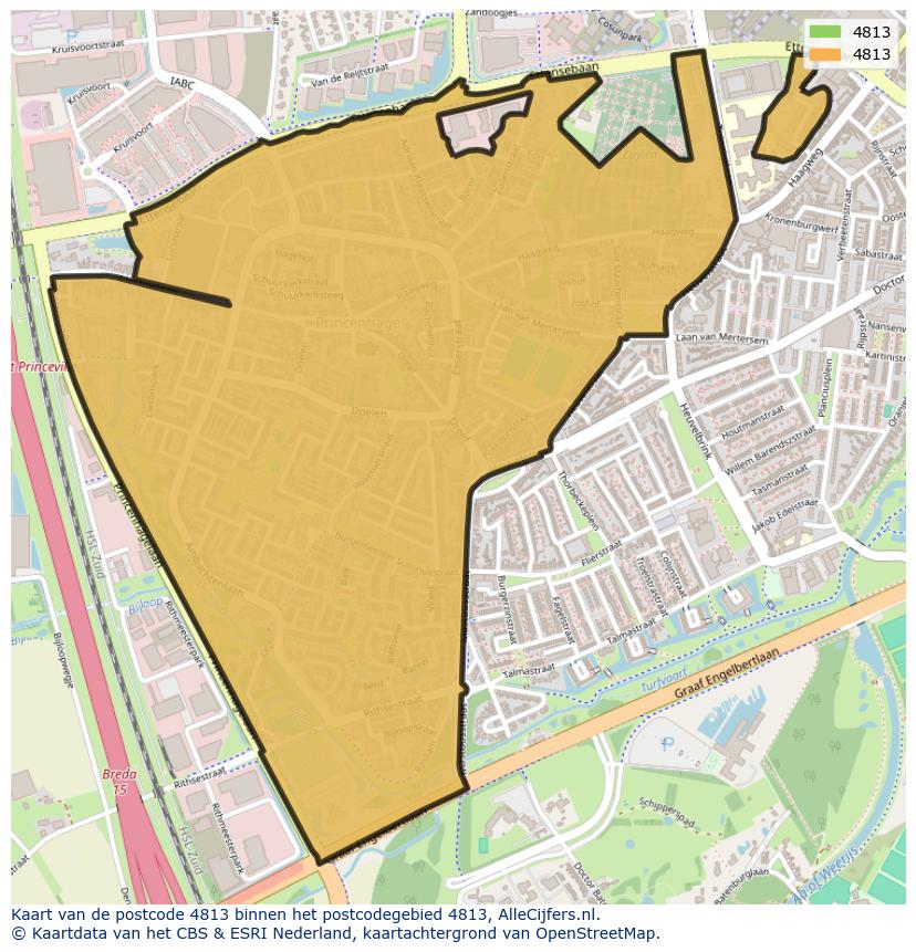 Afbeelding van het postcodegebied 4813 op de kaart.