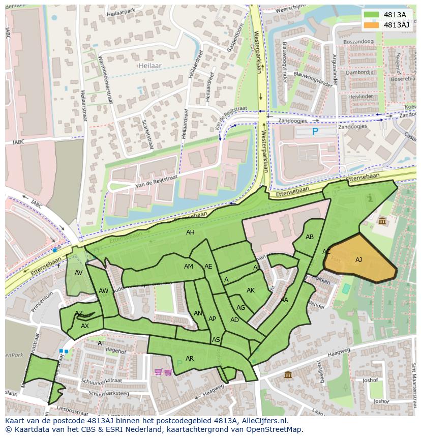 Afbeelding van het postcodegebied 4813 AJ op de kaart.