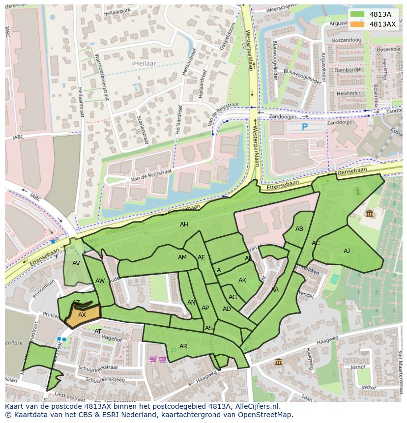 Afbeelding van het postcodegebied 4813 AX op de kaart.