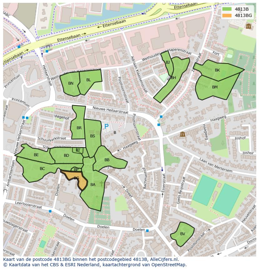 Afbeelding van het postcodegebied 4813 BG op de kaart.