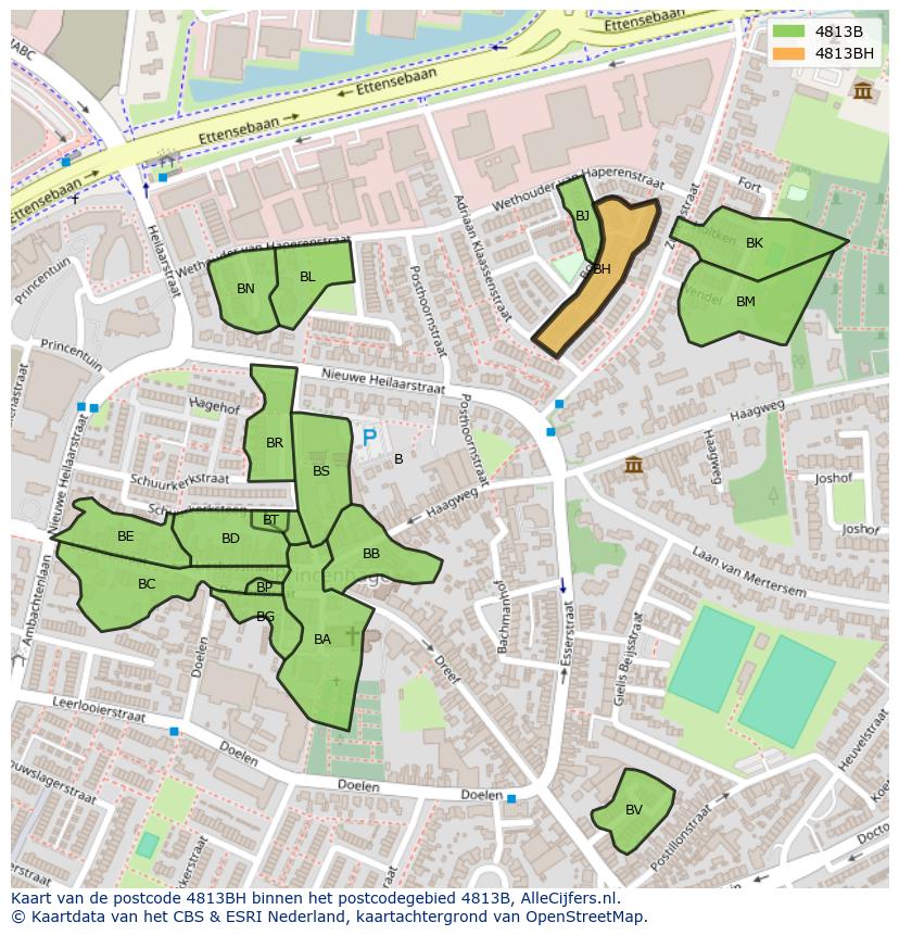 Afbeelding van het postcodegebied 4813 BH op de kaart.