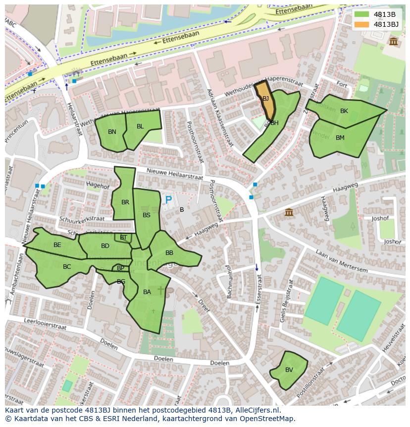 Afbeelding van het postcodegebied 4813 BJ op de kaart.