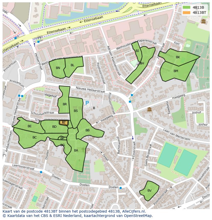 Afbeelding van het postcodegebied 4813 BT op de kaart.