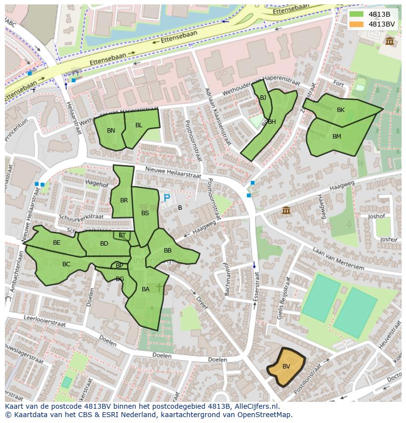 Afbeelding van het postcodegebied 4813 BV op de kaart.
