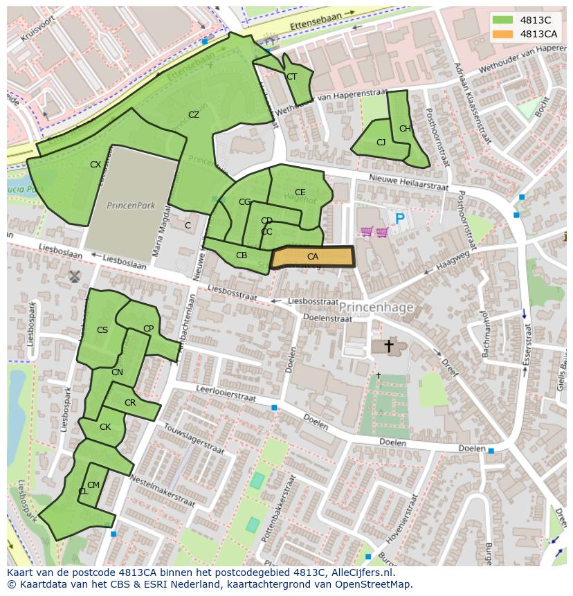 Afbeelding van het postcodegebied 4813 CA op de kaart.
