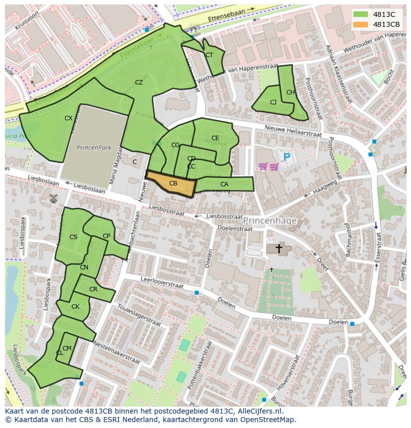 Afbeelding van het postcodegebied 4813 CB op de kaart.