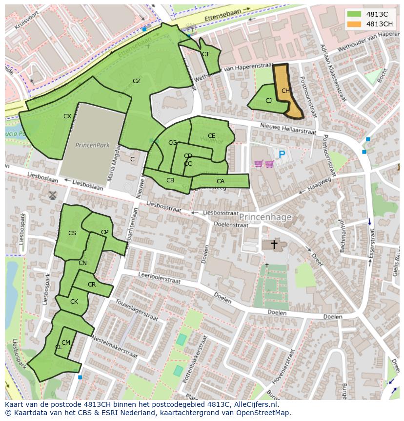 Afbeelding van het postcodegebied 4813 CH op de kaart.