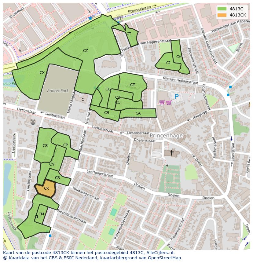 Afbeelding van het postcodegebied 4813 CK op de kaart.