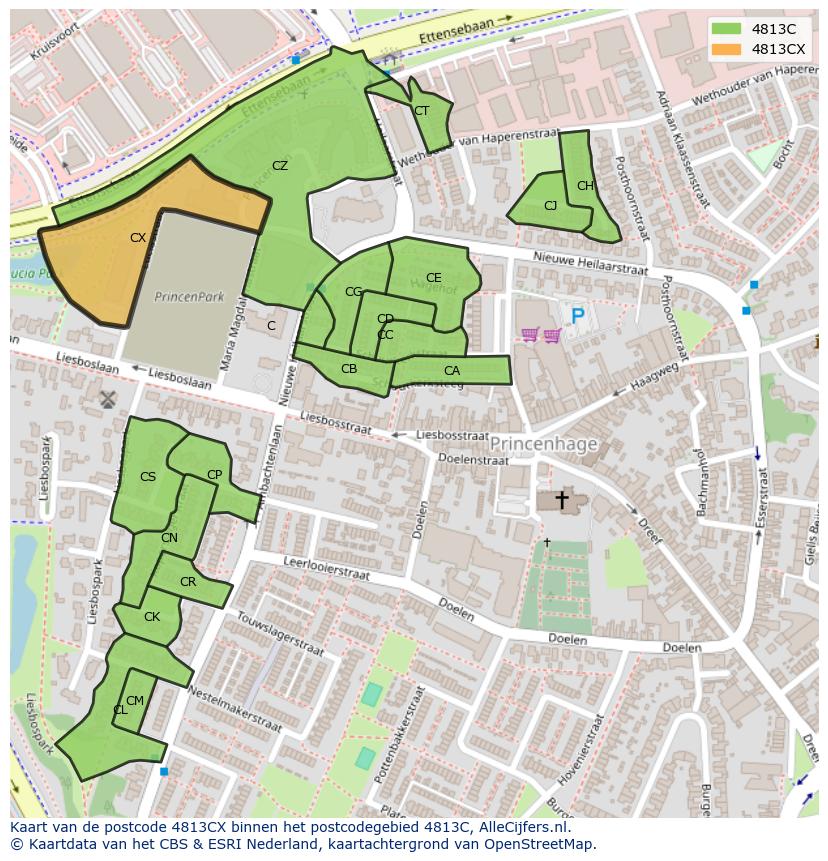 Afbeelding van het postcodegebied 4813 CX op de kaart.