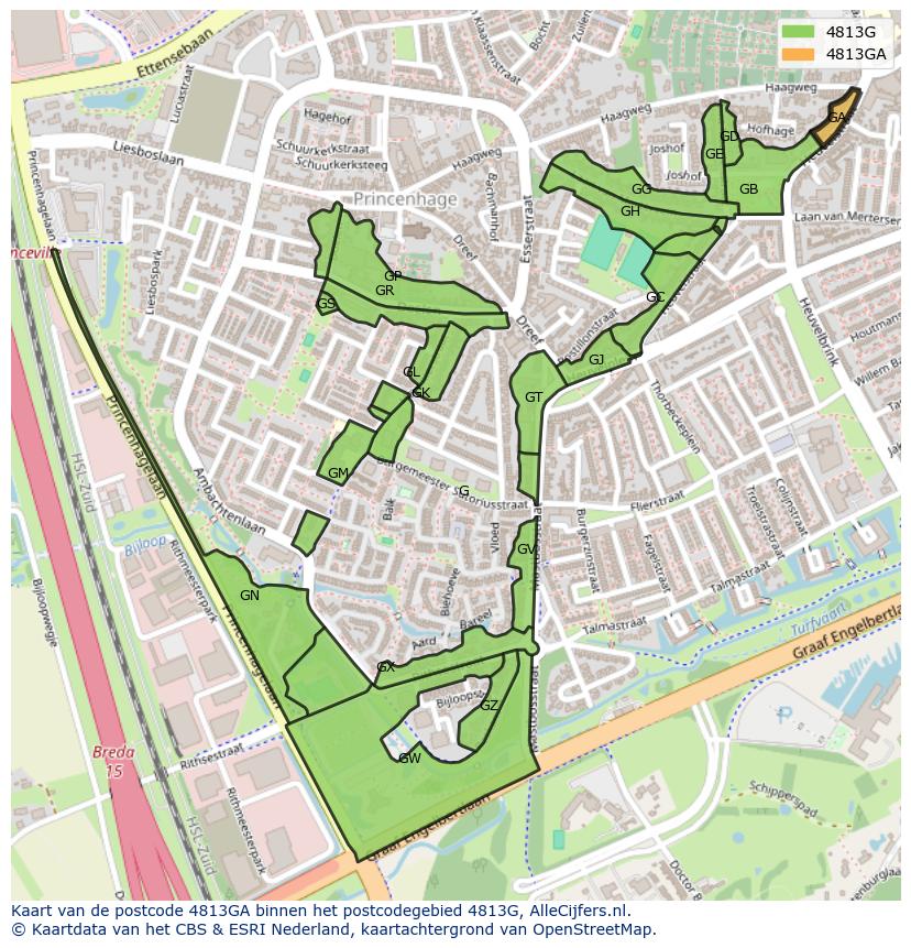 Afbeelding van het postcodegebied 4813 GA op de kaart.