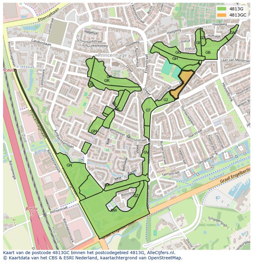 Afbeelding van het postcodegebied 4813 GC op de kaart.