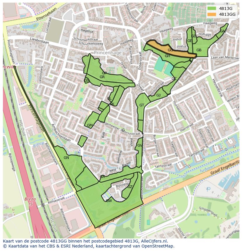 Afbeelding van het postcodegebied 4813 GG op de kaart.