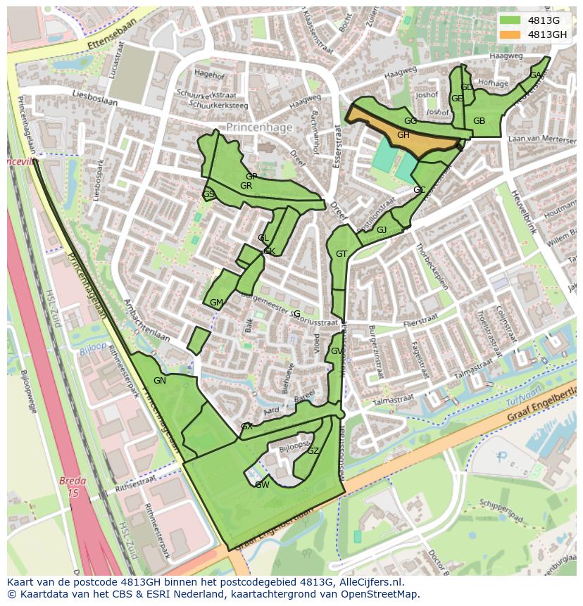 Afbeelding van het postcodegebied 4813 GH op de kaart.