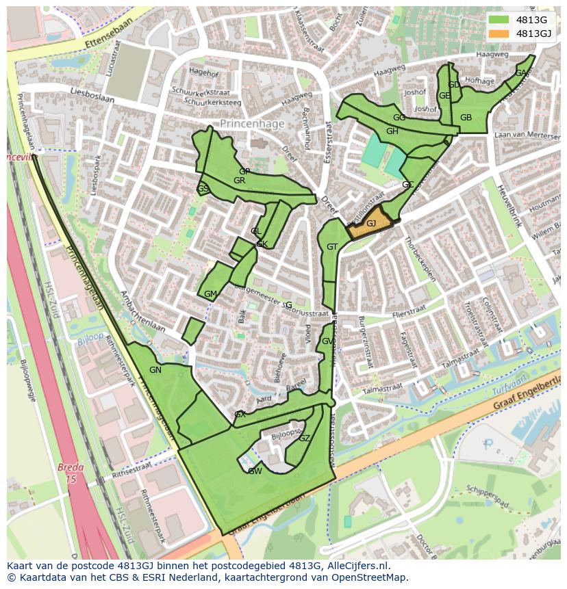 Afbeelding van het postcodegebied 4813 GJ op de kaart.