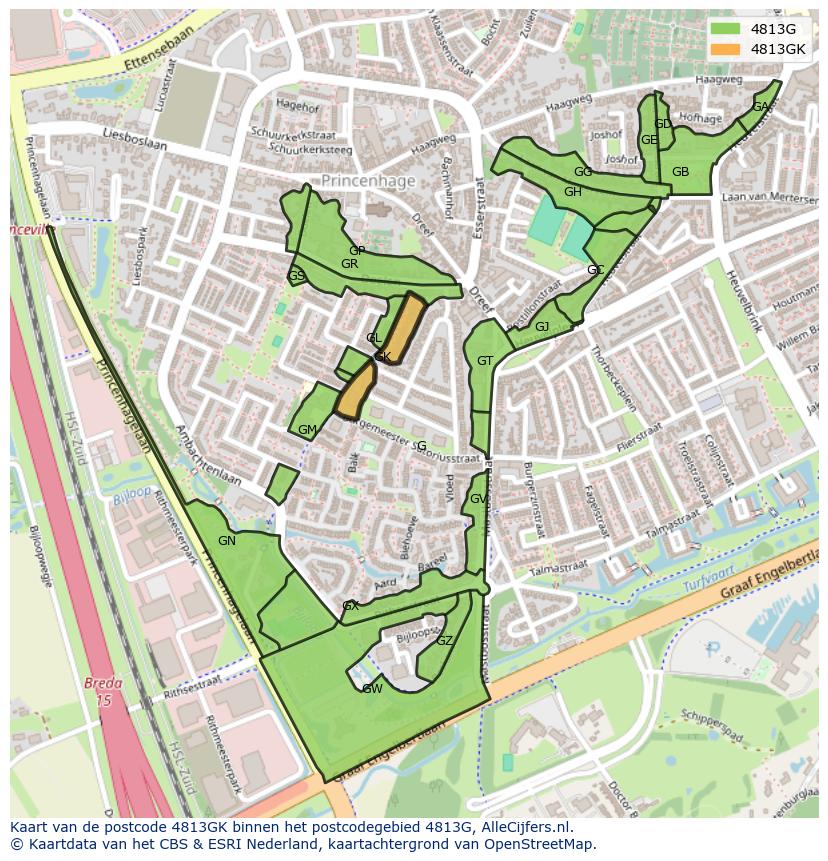Afbeelding van het postcodegebied 4813 GK op de kaart.