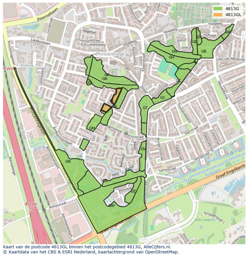 Afbeelding van het postcodegebied 4813 GL op de kaart.