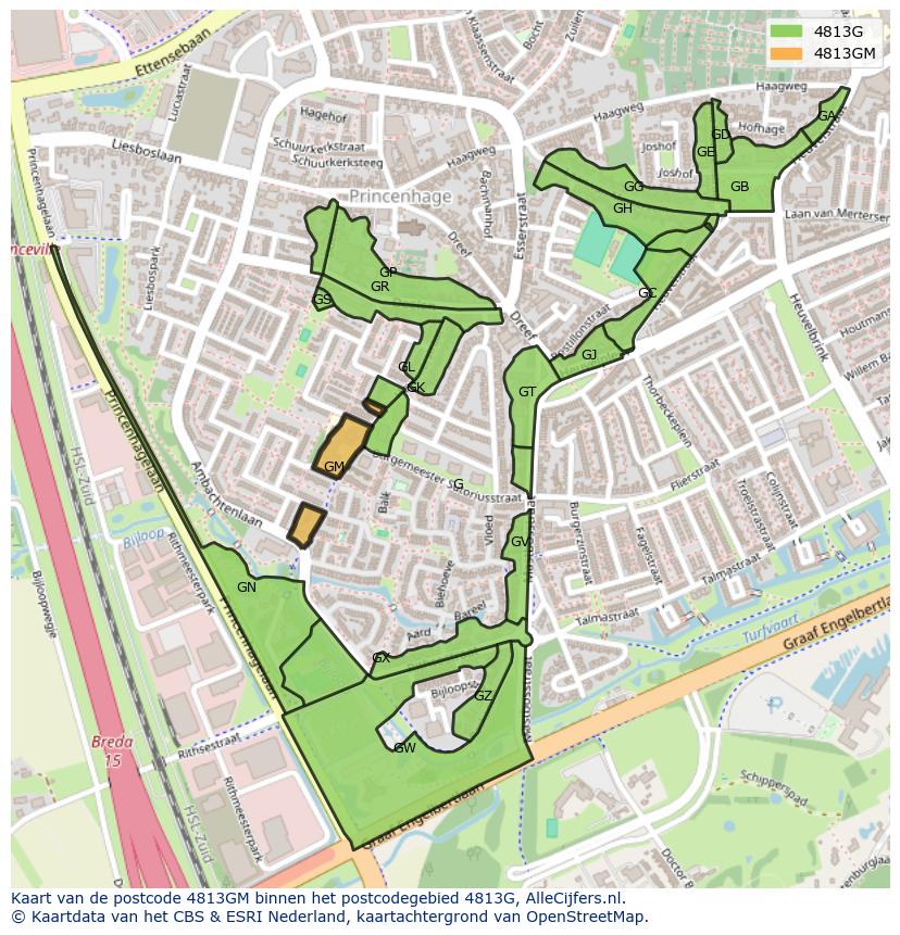 Afbeelding van het postcodegebied 4813 GM op de kaart.