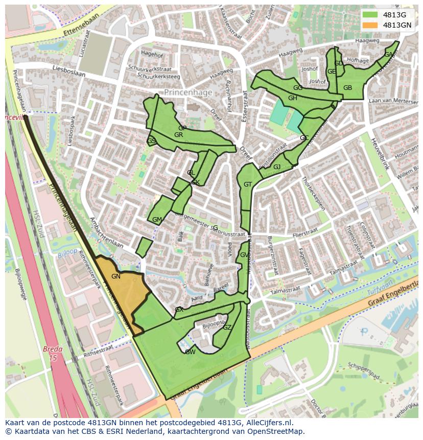 Afbeelding van het postcodegebied 4813 GN op de kaart.