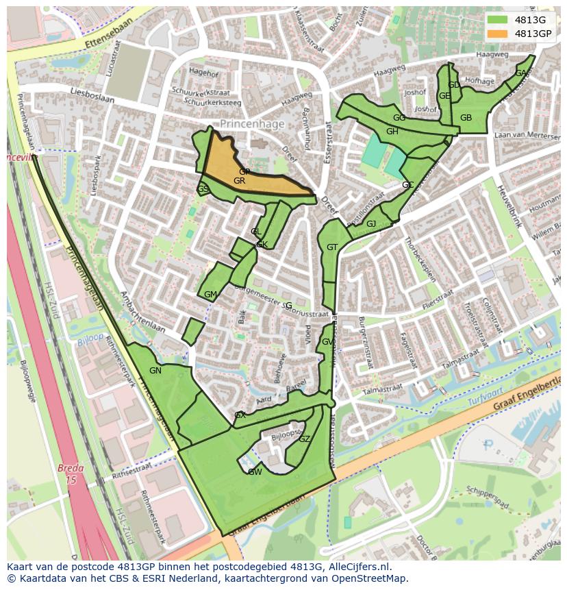 Afbeelding van het postcodegebied 4813 GP op de kaart.