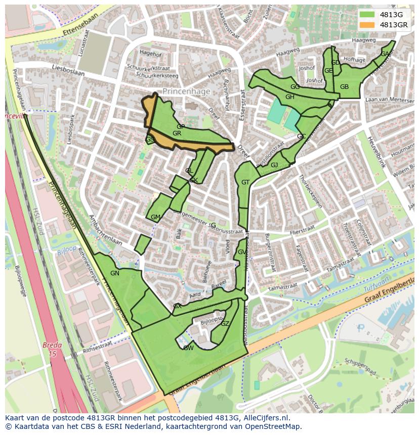 Afbeelding van het postcodegebied 4813 GR op de kaart.
