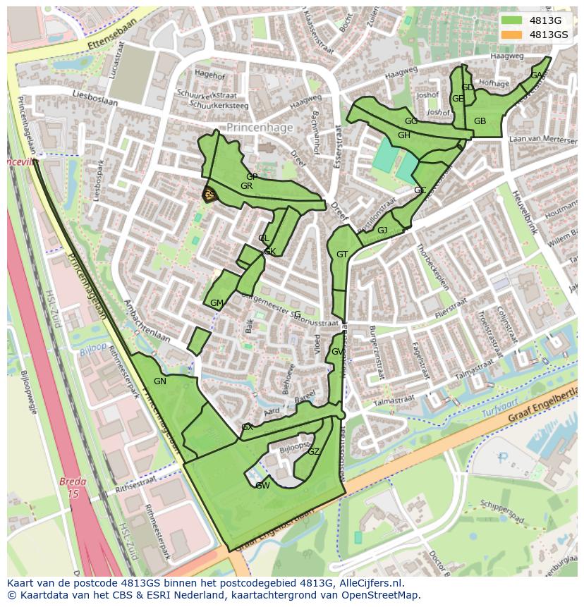 Afbeelding van het postcodegebied 4813 GS op de kaart.