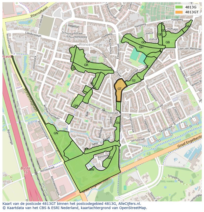 Afbeelding van het postcodegebied 4813 GT op de kaart.