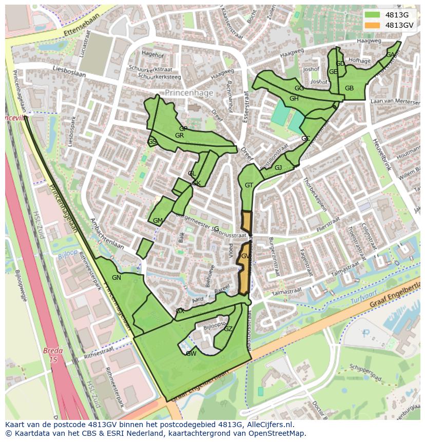 Afbeelding van het postcodegebied 4813 GV op de kaart.