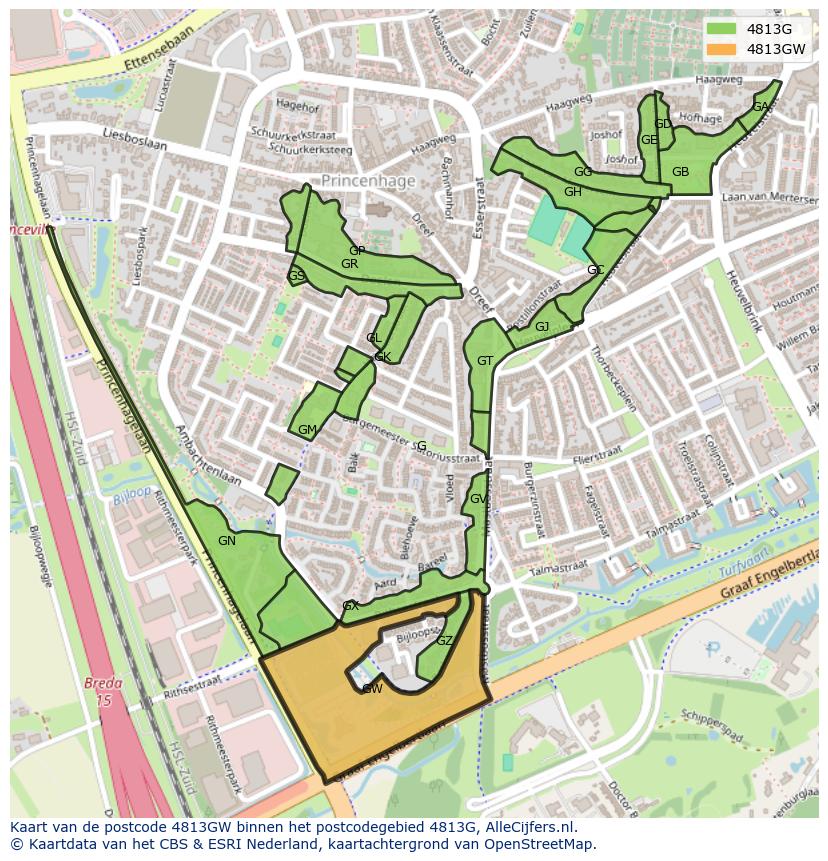 Afbeelding van het postcodegebied 4813 GW op de kaart.