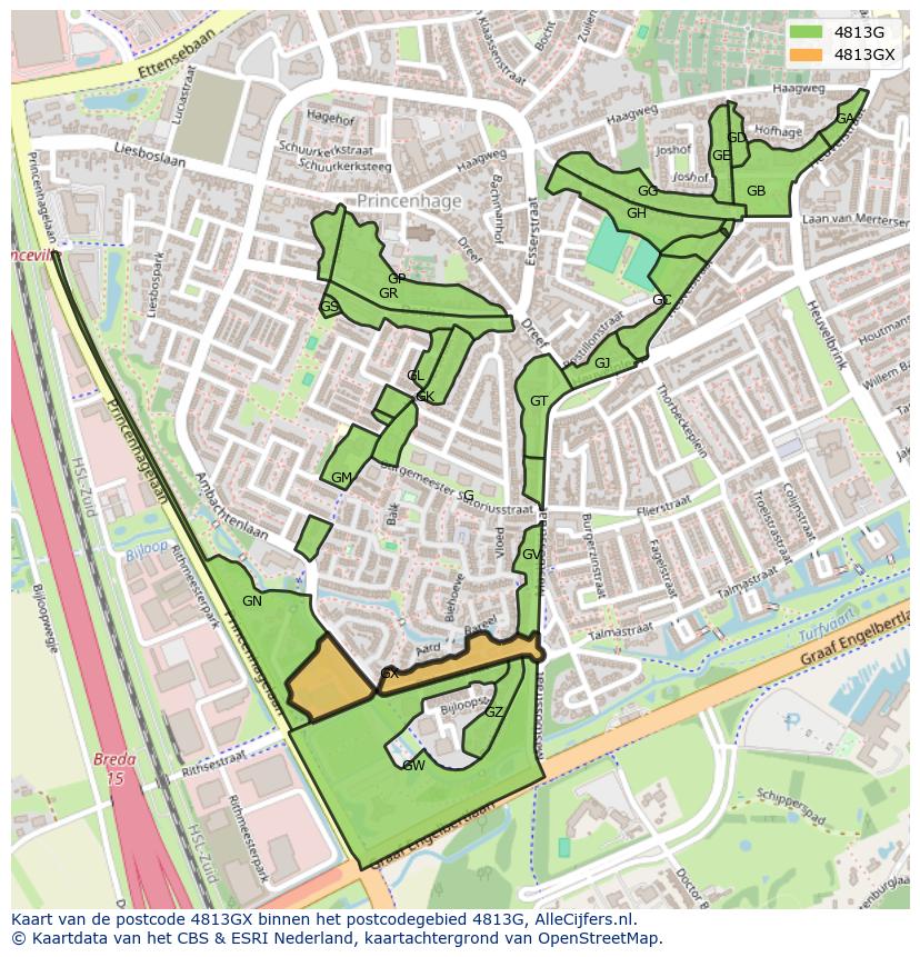 Afbeelding van het postcodegebied 4813 GX op de kaart.