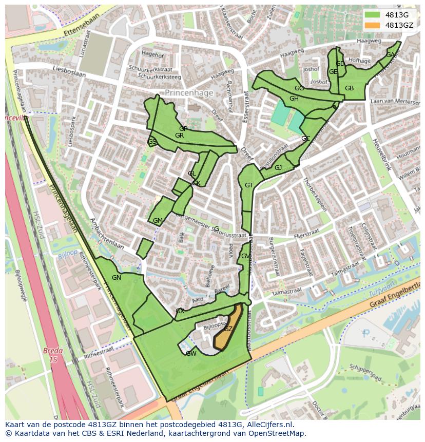 Afbeelding van het postcodegebied 4813 GZ op de kaart.