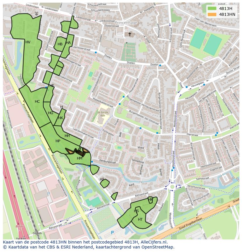 Afbeelding van het postcodegebied 4813 HN op de kaart.