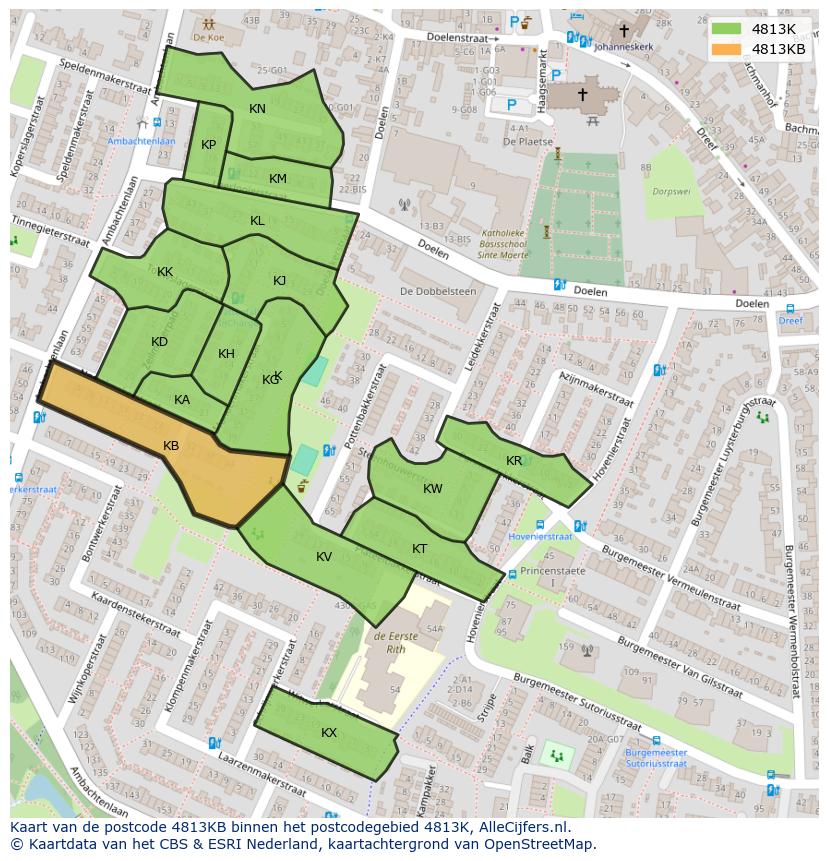Afbeelding van het postcodegebied 4813 KB op de kaart.