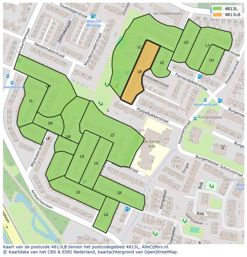 Afbeelding van het postcodegebied 4813 LB op de kaart.