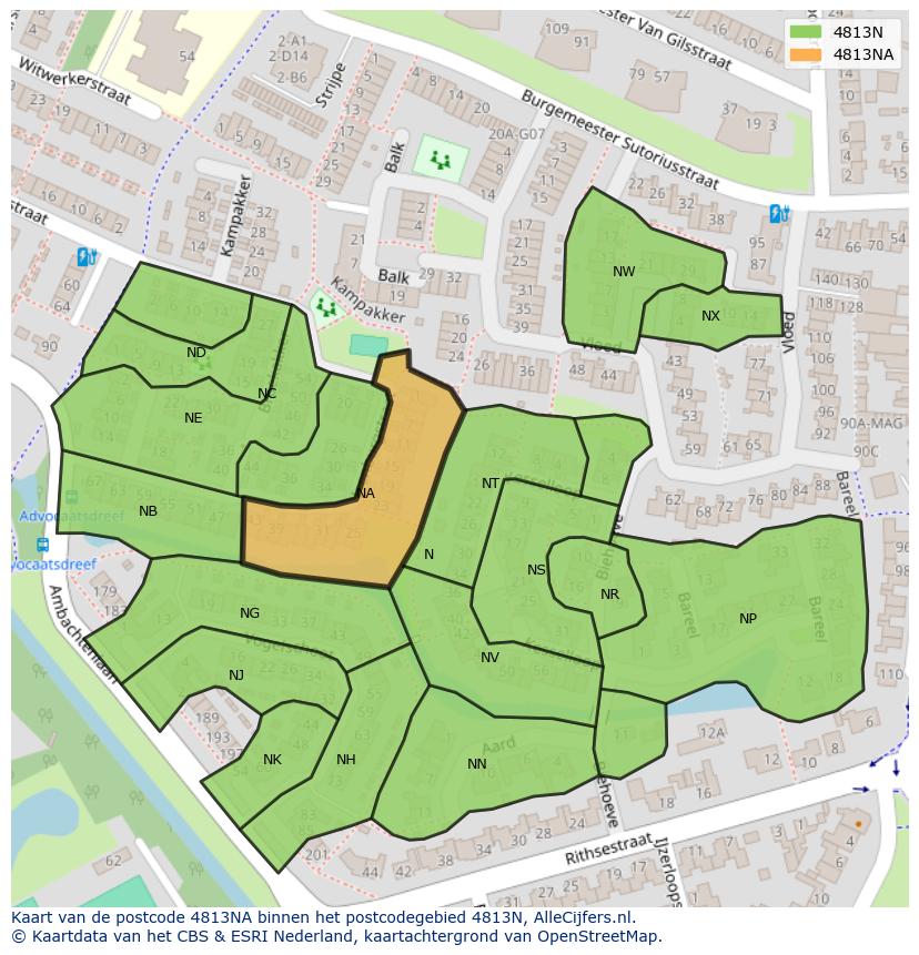 Afbeelding van het postcodegebied 4813 NA op de kaart.