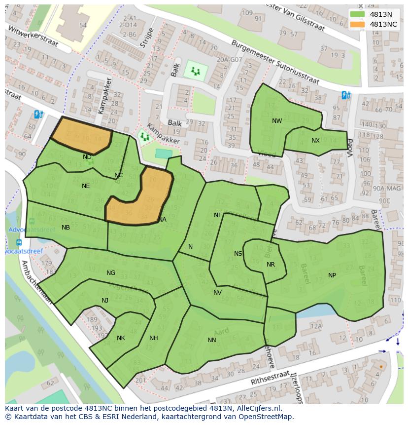 Afbeelding van het postcodegebied 4813 NC op de kaart.