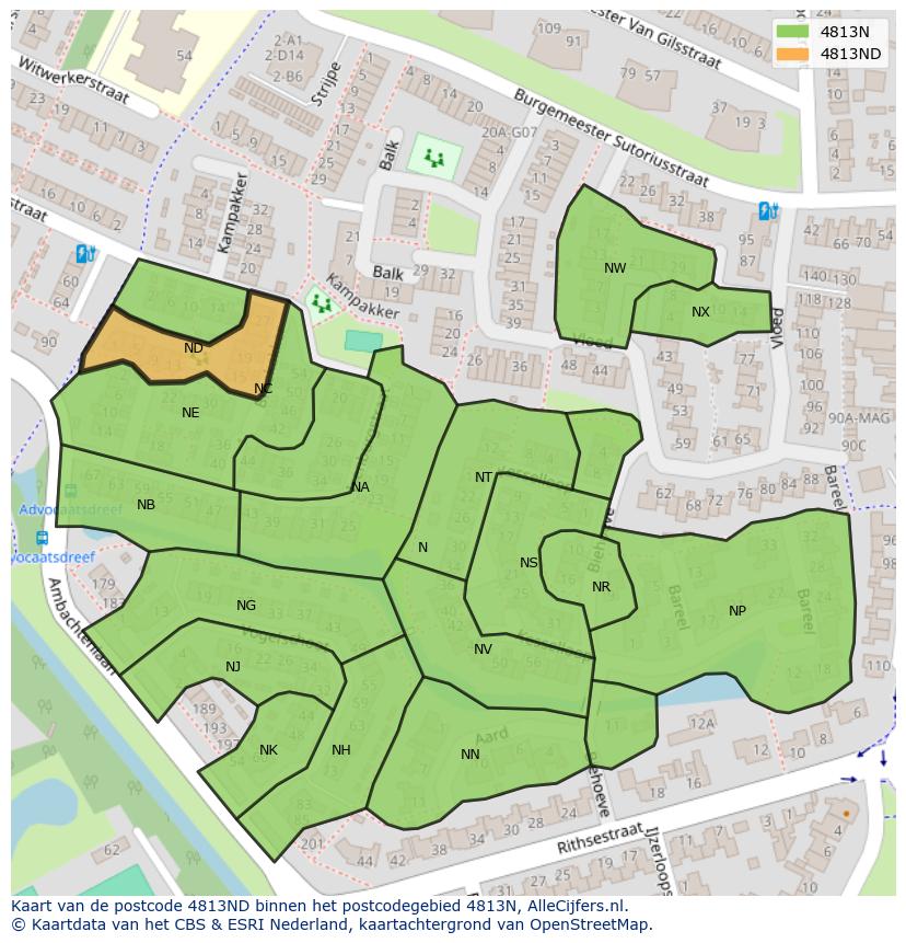 Afbeelding van het postcodegebied 4813 ND op de kaart.