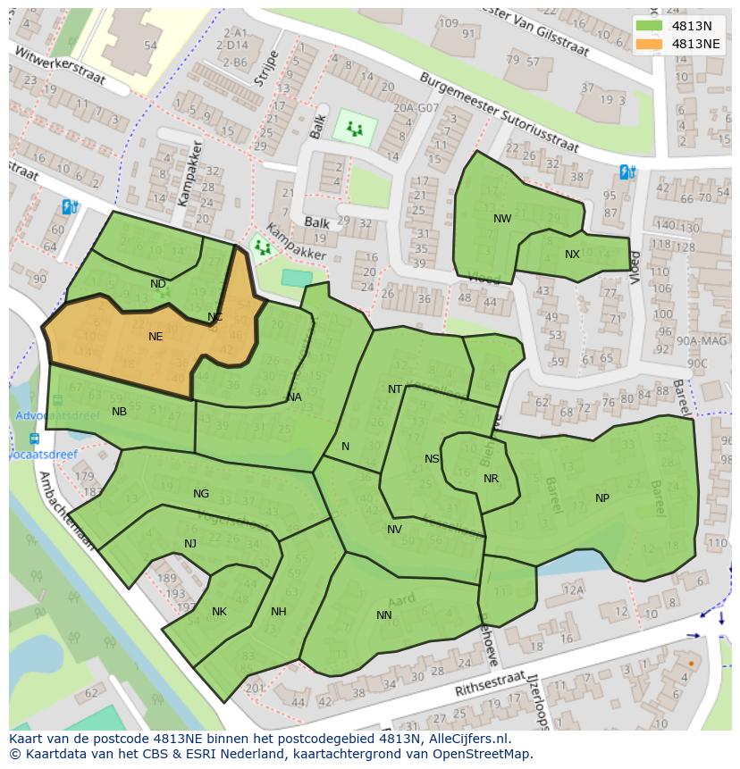 Afbeelding van het postcodegebied 4813 NE op de kaart.