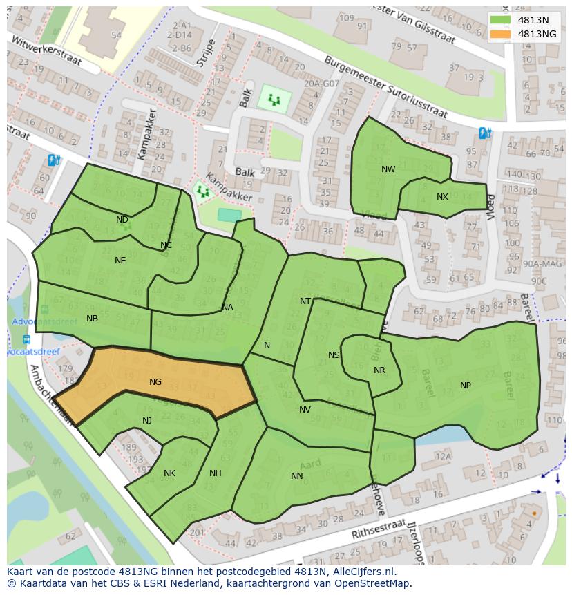 Afbeelding van het postcodegebied 4813 NG op de kaart.